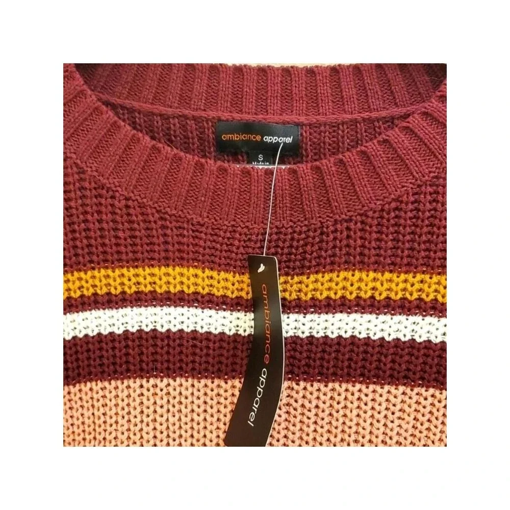 Ambiance Apparel Striped Cropped Sweater Knit Pullover Burgundy S
